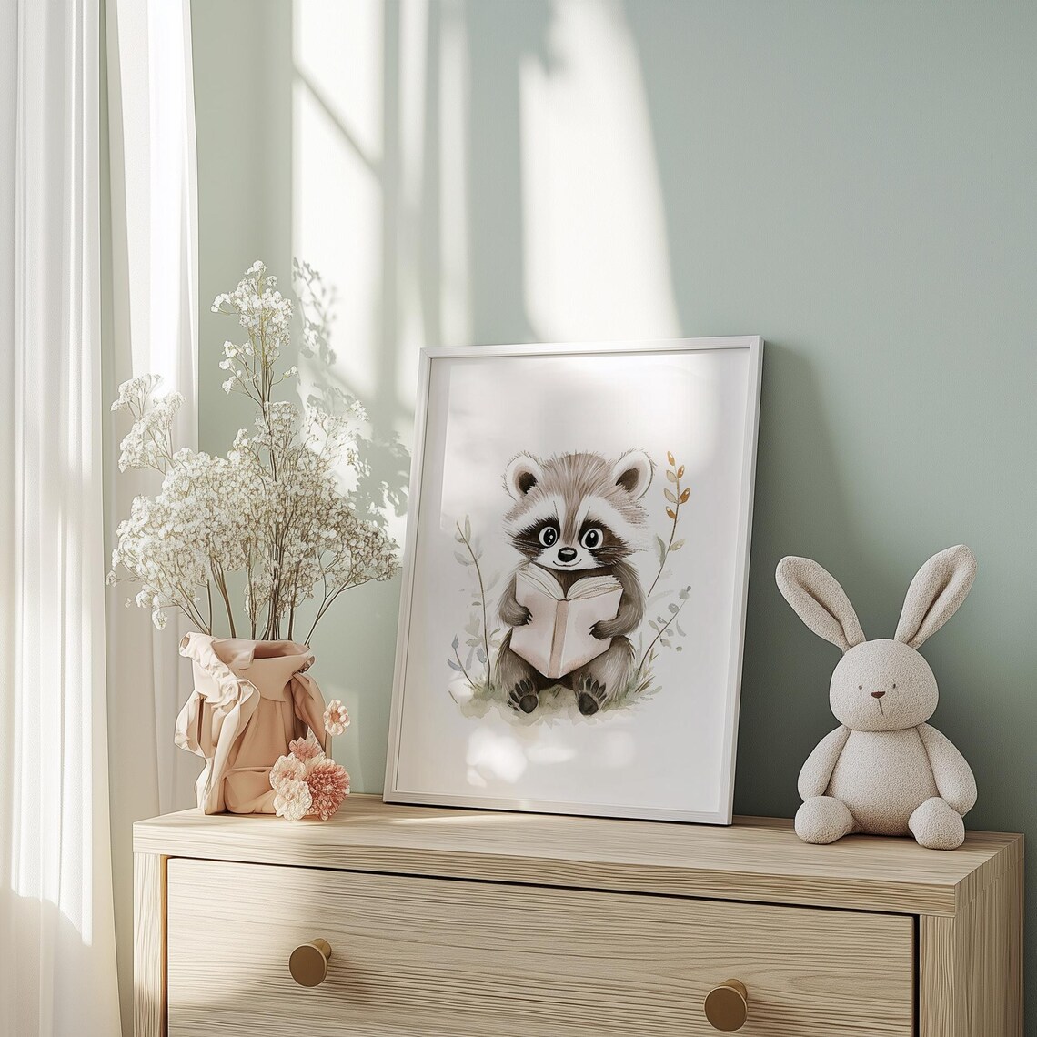 Baby Raccoon Reading Book Cute Woodland Animal Nursery Art Poster - Image 3