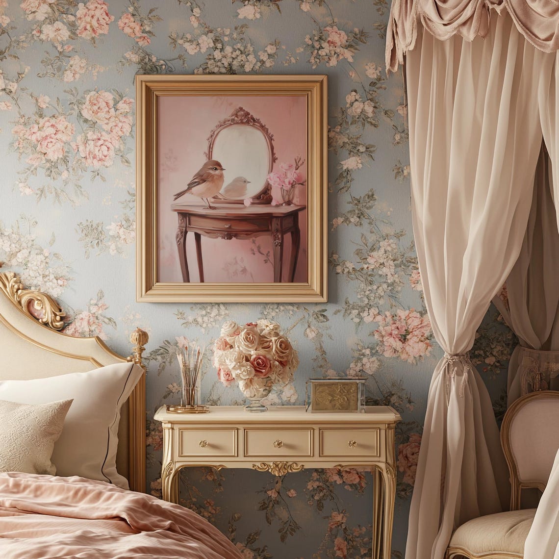 Little Bird on Pink Vanity Table with Ornate Mirror Cozy Art Print - Image 2