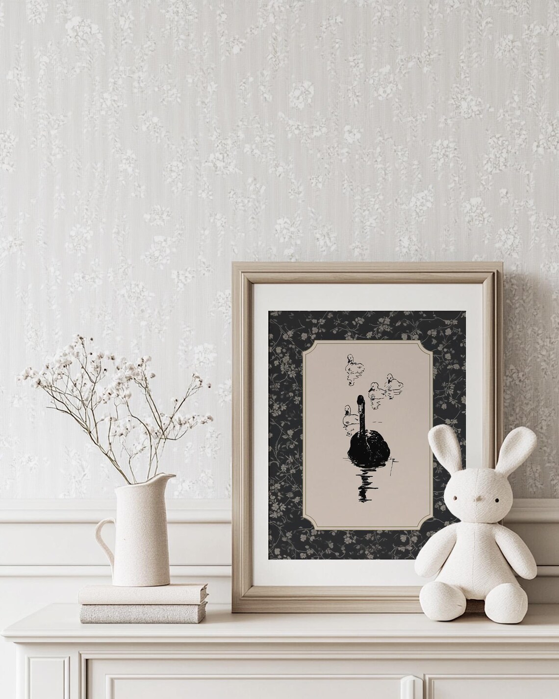 Black Swan Mother and Cygnets Ink Sketch on Dark Floral Decor Poster - Image 3