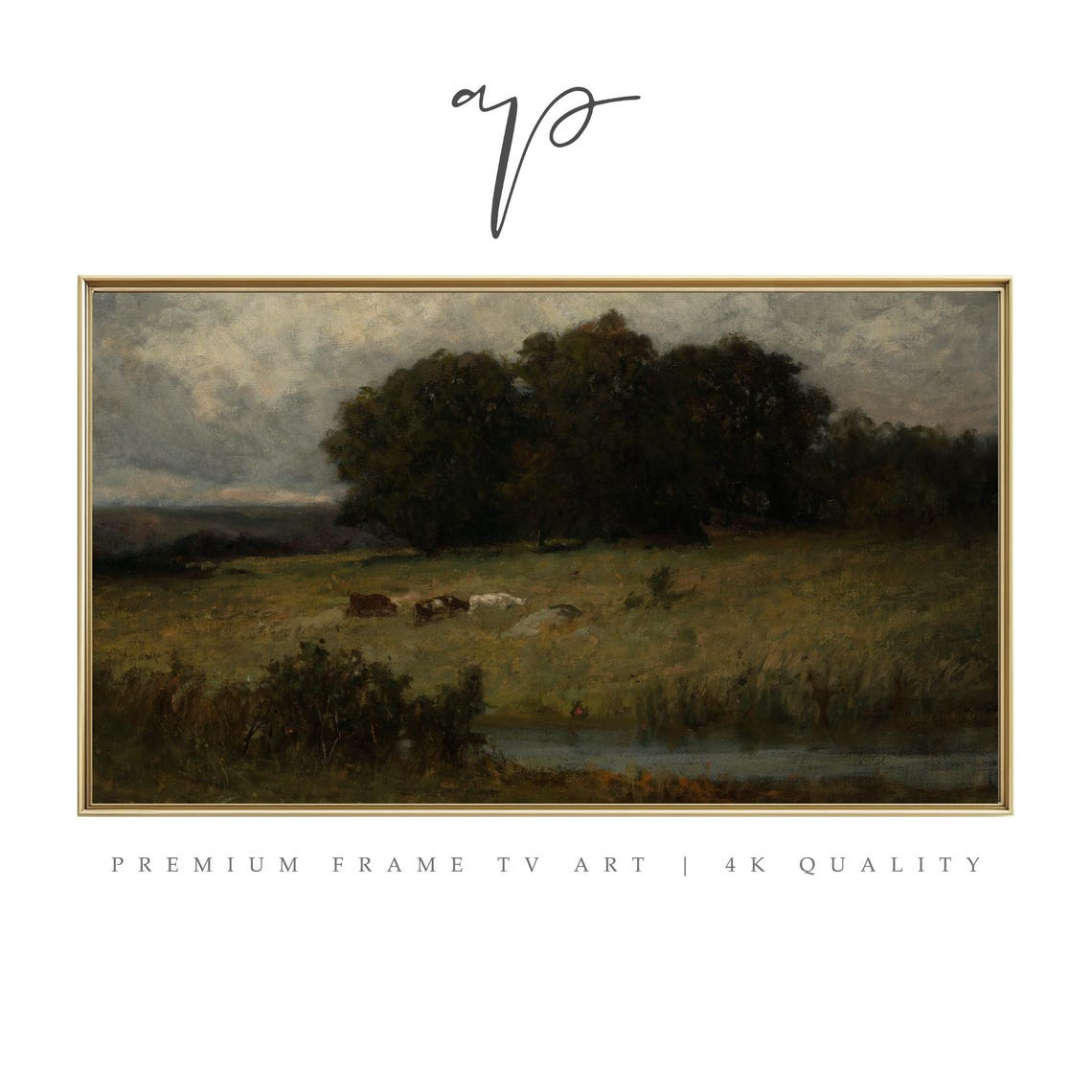 Moody Cows Grazing By Pond Dark Pasture Landscape Art Poster