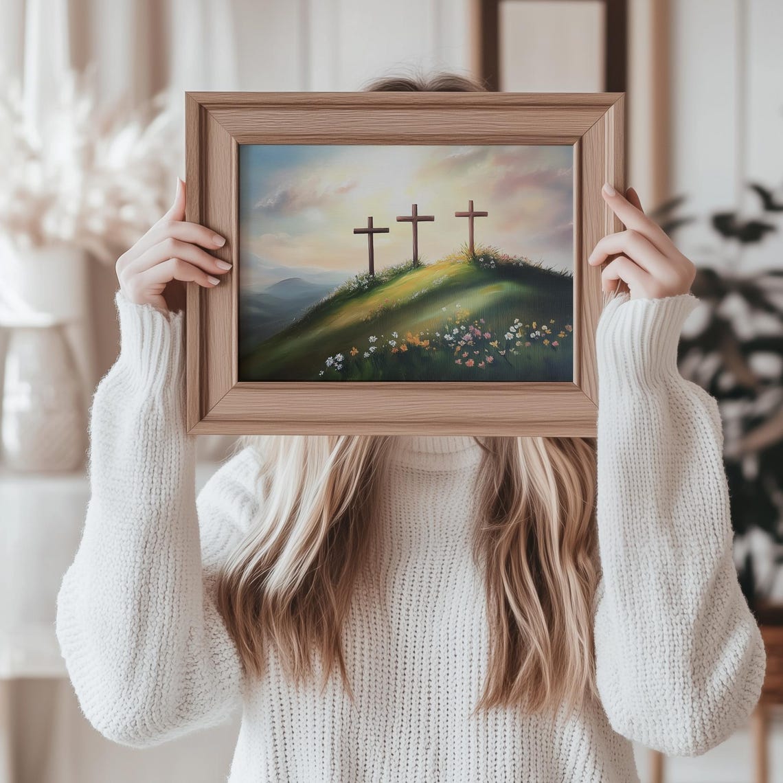 Three Crosses On Sunrise Hill Christian Easter Landscape Poster - Image 3