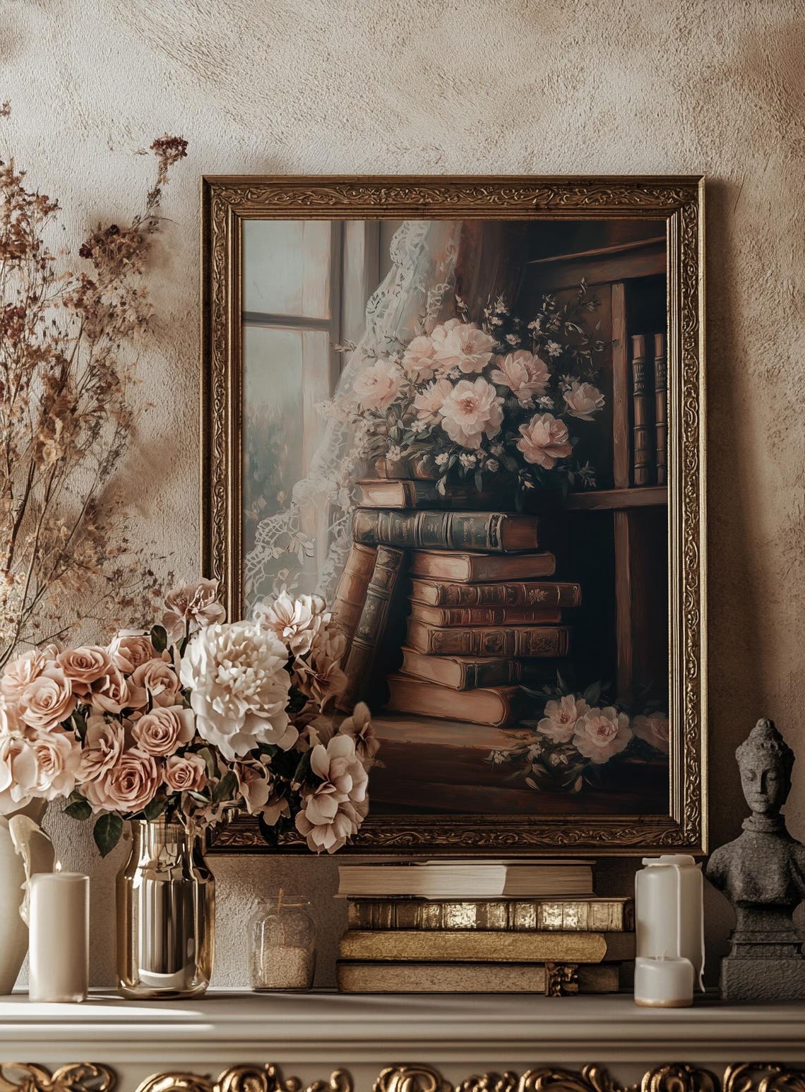 Vintage Books Stack with Pink Flowers by Window Cozy Library Print - Image 4