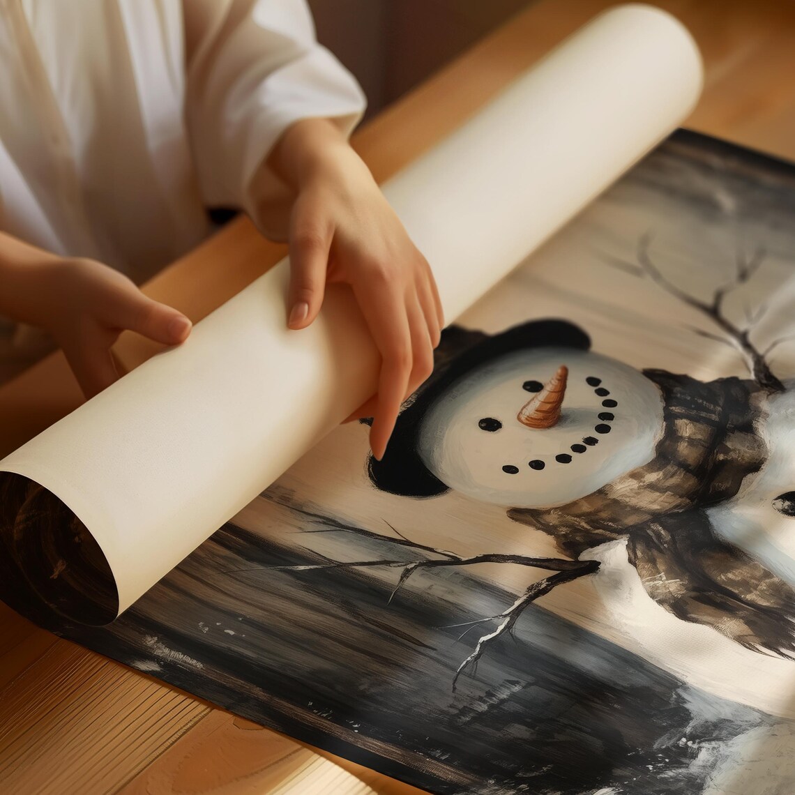 Rustic Snowman Top Hat Scarf Winter Forest Vintage Painting Poster - Image 4