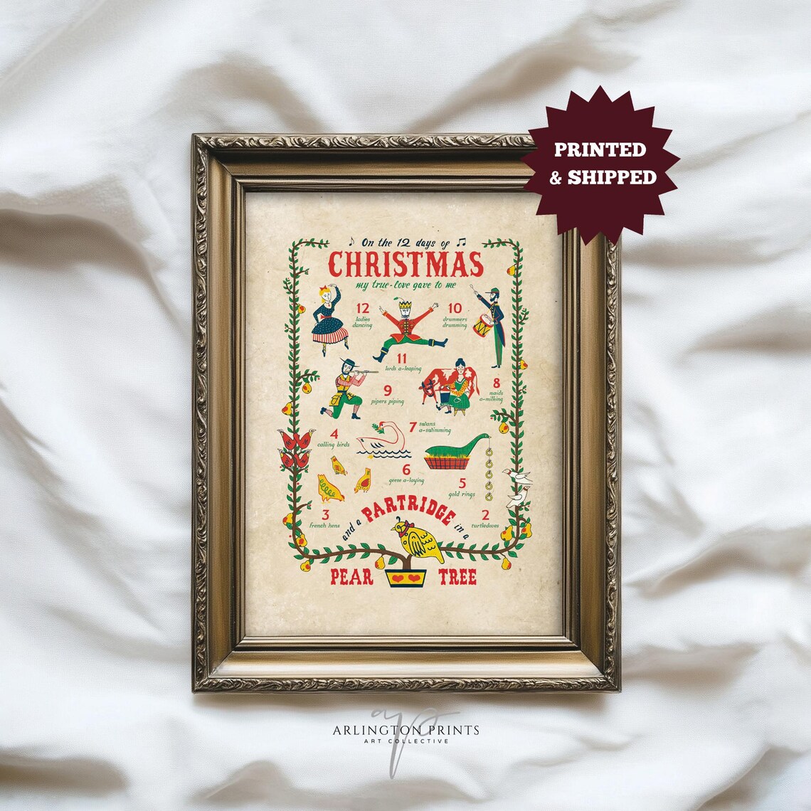 Twelve Days Of Christmas Vintage Song Illustrated Holiday Poster