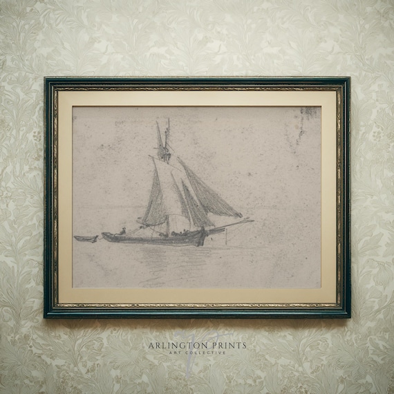 Old Sailboat Sketch Vintage Nautical Pencil Drawing Art Poster