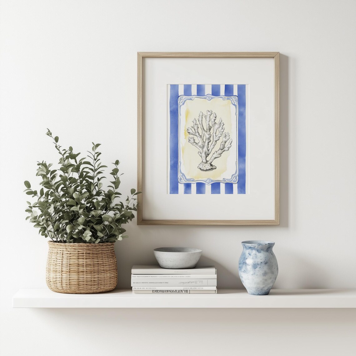 White Coral Watercolor Coastal Beach Nautical Navy Stripes Poster - Image 3