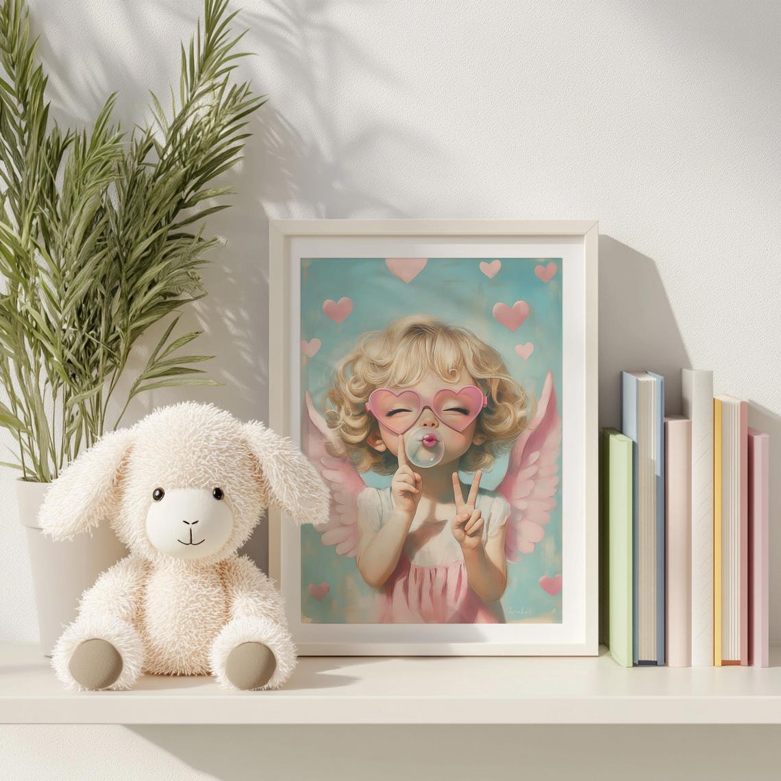 Pastel Pink Little Girl Cupid Poster Nursery Art Pink Blue Kids Room Painting Girls Nursery Playroom Art - Image 4