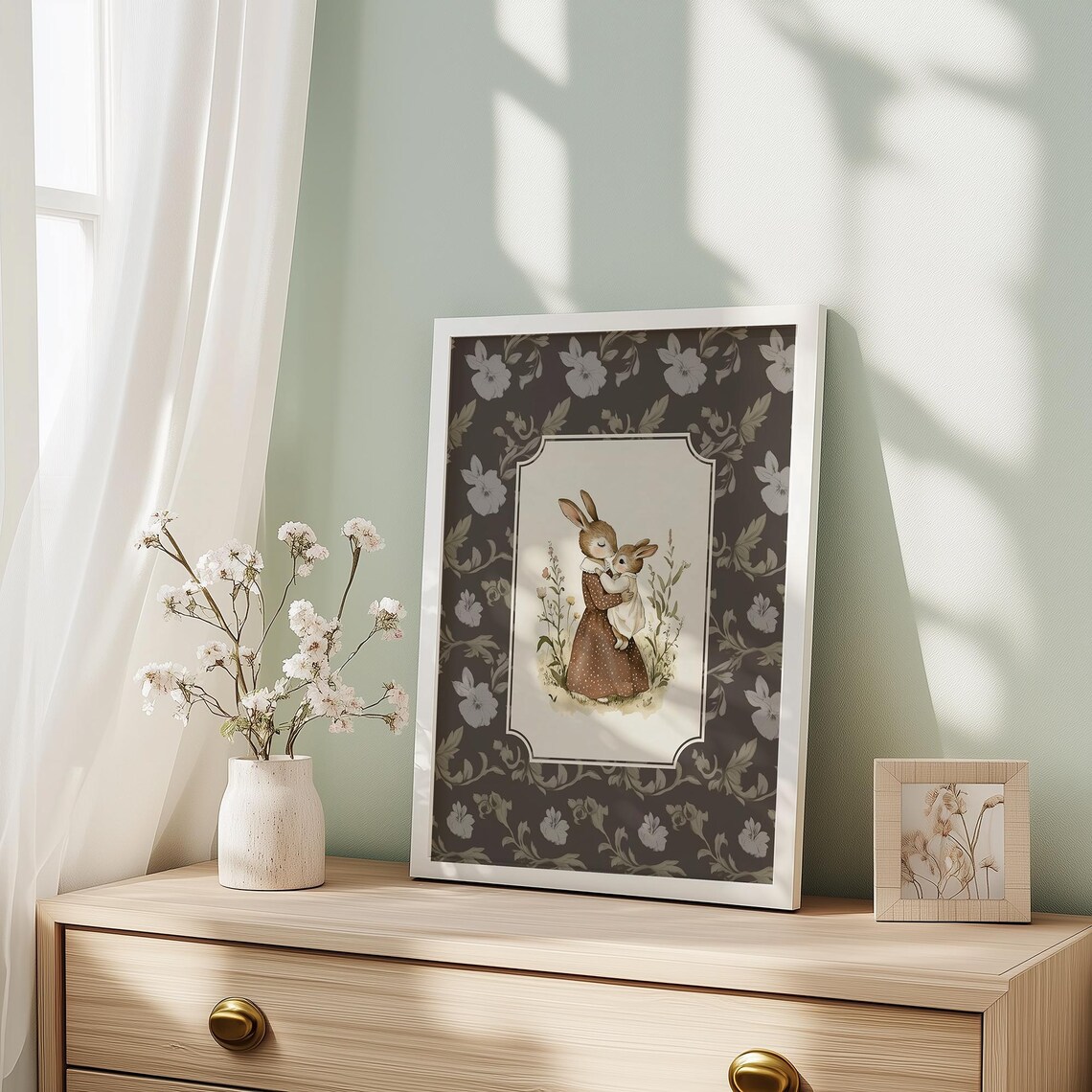 Mother Rabbit Holding Baby Bunny Vintage Nursery Floral Poster - Image 5