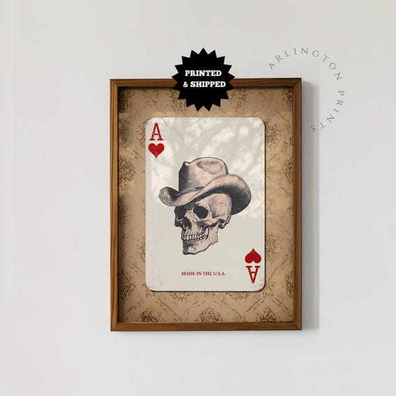 Rustic Western Skull Art Print Cowboy Playing Card Decor Ace Of Hearts Wall For Man Cave Or Bar Vintage Style Poster Unframed Dc69