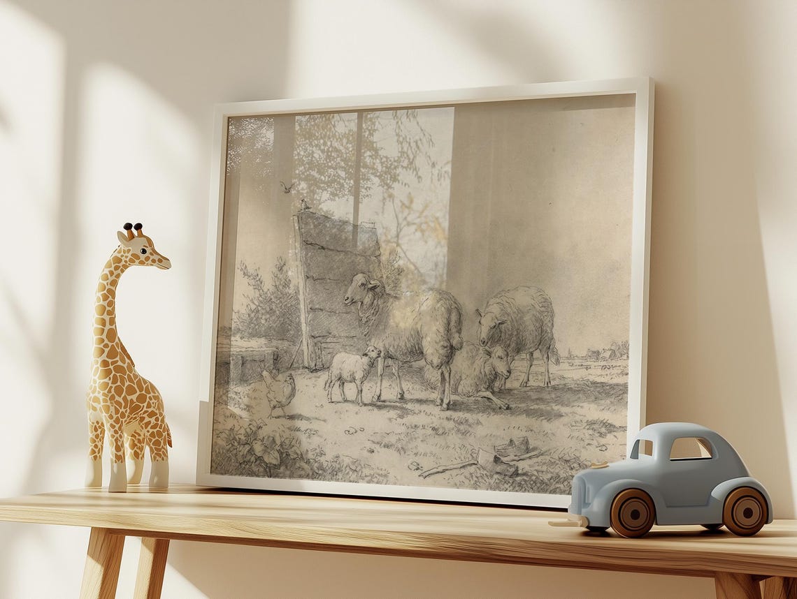 Antique Sheep and Lamb Sketch Farmyard Pencil Drawing Poster - Image 3
