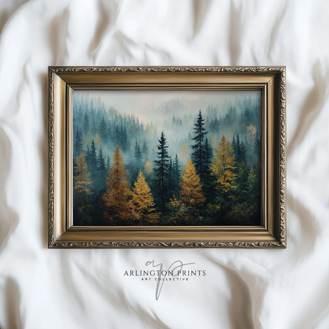 Fall Pine Tree Landscape, Misty Forest Art Print