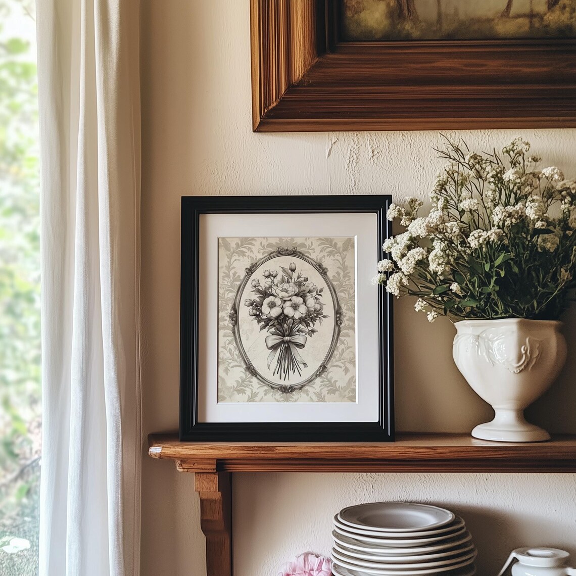 Sepia Floral Bouquet with Bow in Ornate Oval Frame Vintage Print - Image 4