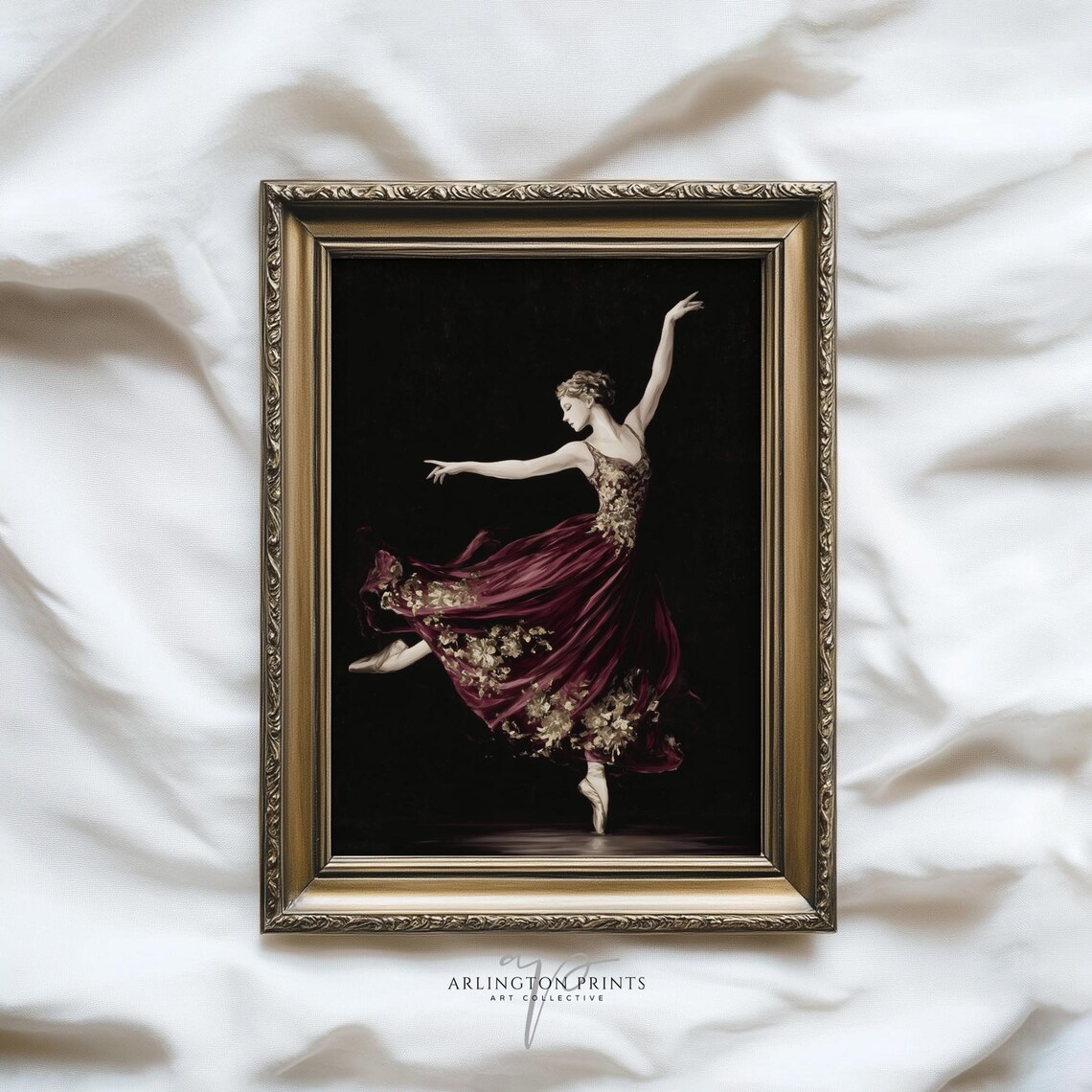 Elegant Ballerina Burgundy Dress Leaping Dark Vintage Art Print