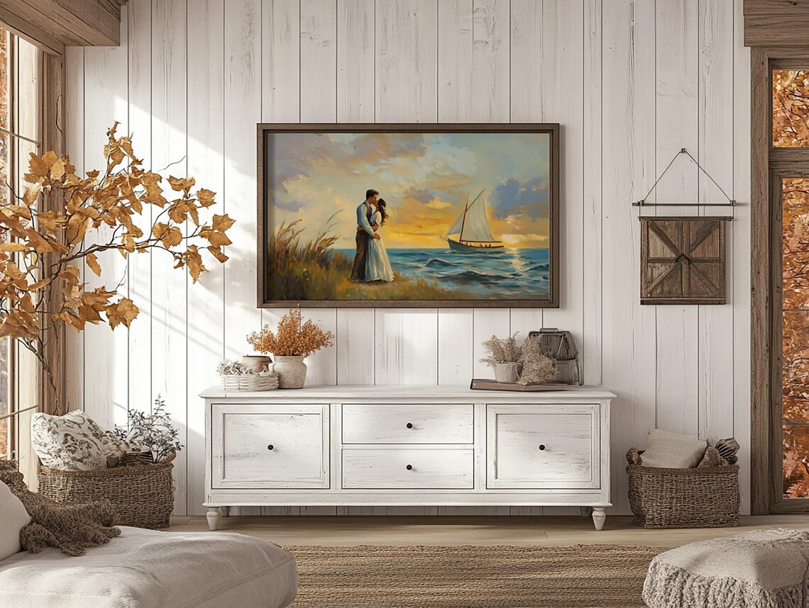 Romantic Sunset Beach Kiss with Sailboat Frame TV Digital Art Poster - Image 4