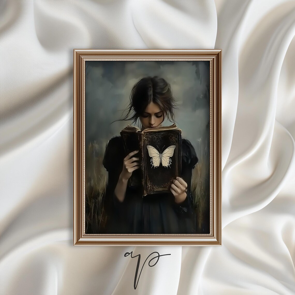 Dark Academia Woman Reading an Ornate Butterfly Book in Gold Frame Poster - Image 4