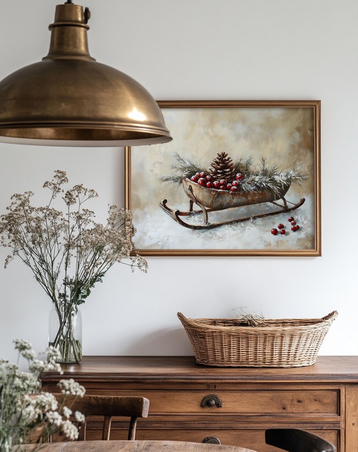 Antique Wooden Sled Pinecones Red Berries Frosted Pine Winter Poster - Image 3