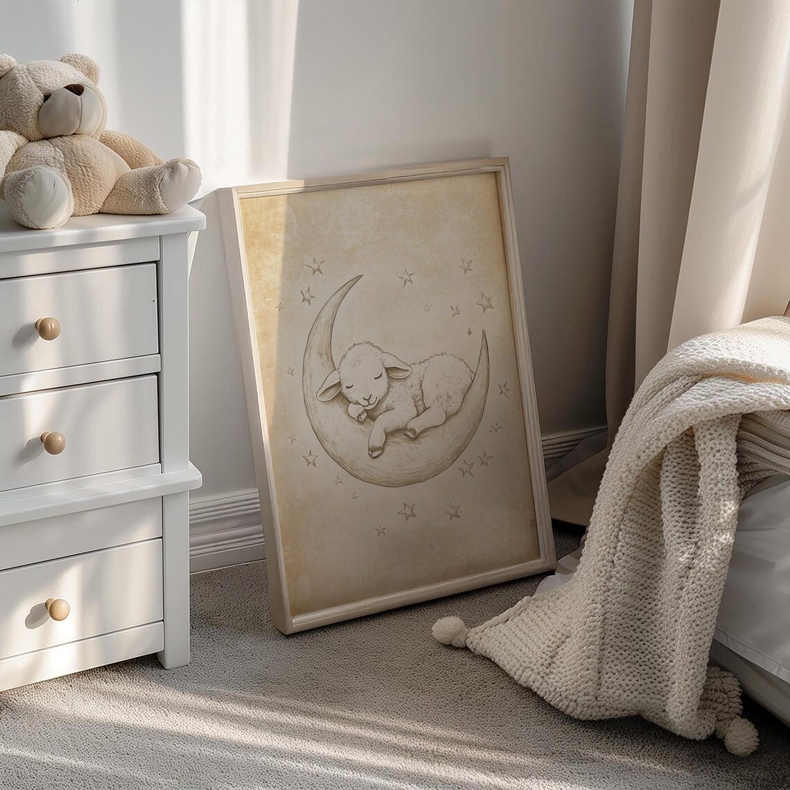 Sleeping Lamb On Crescent Moon With Stars Vintage Nursery Poster - Image 2