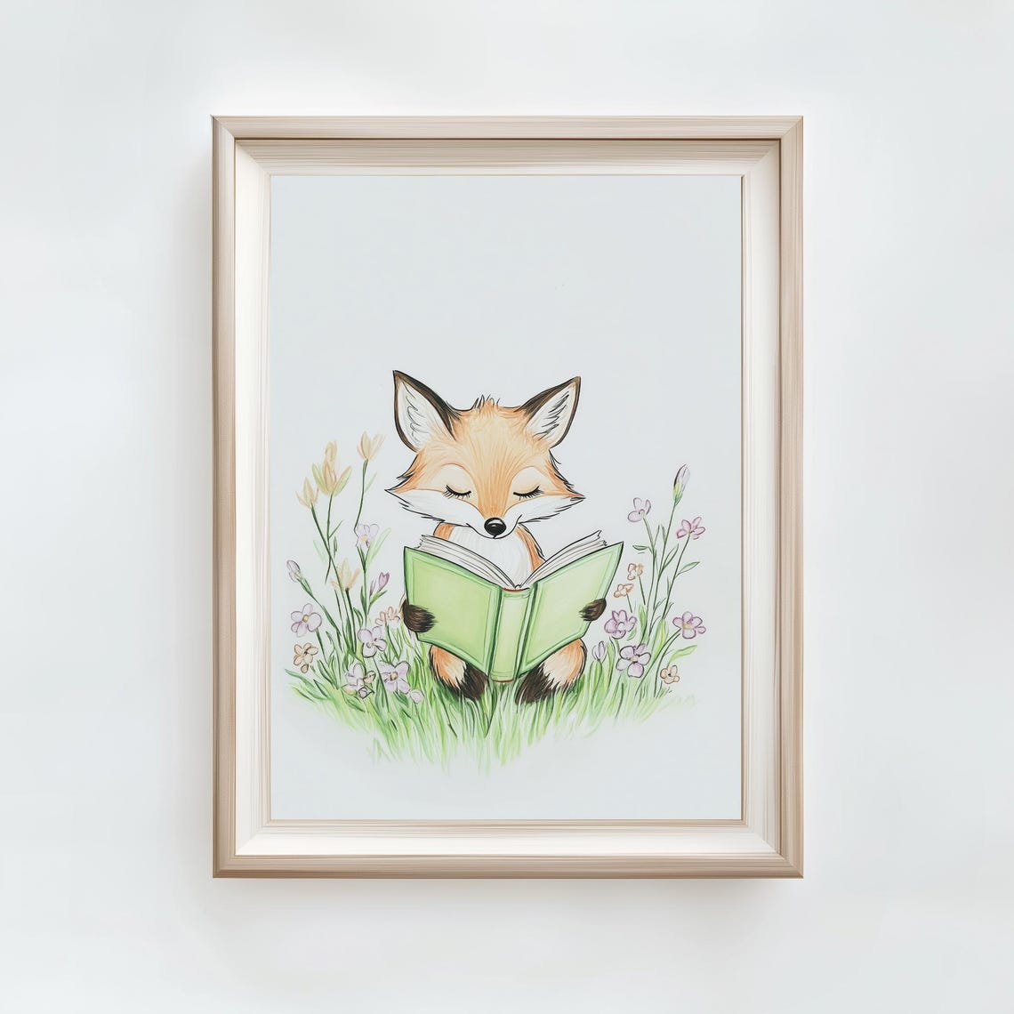 Baby Fox Reading Green Book Watercolor Nursery Decor Art Poster - Image 2