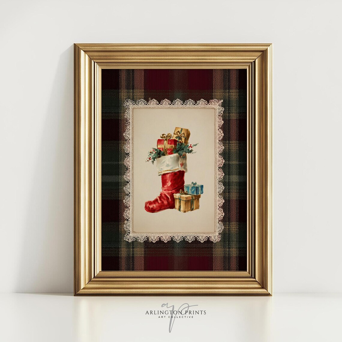 Vintage Classic Plaid Christmas Stocking Rustic Holiday Wall Print