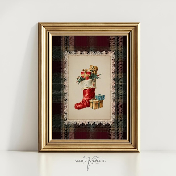 Vintage Classic Plaid Christmas Stocking Rustic Holiday Wall Print
