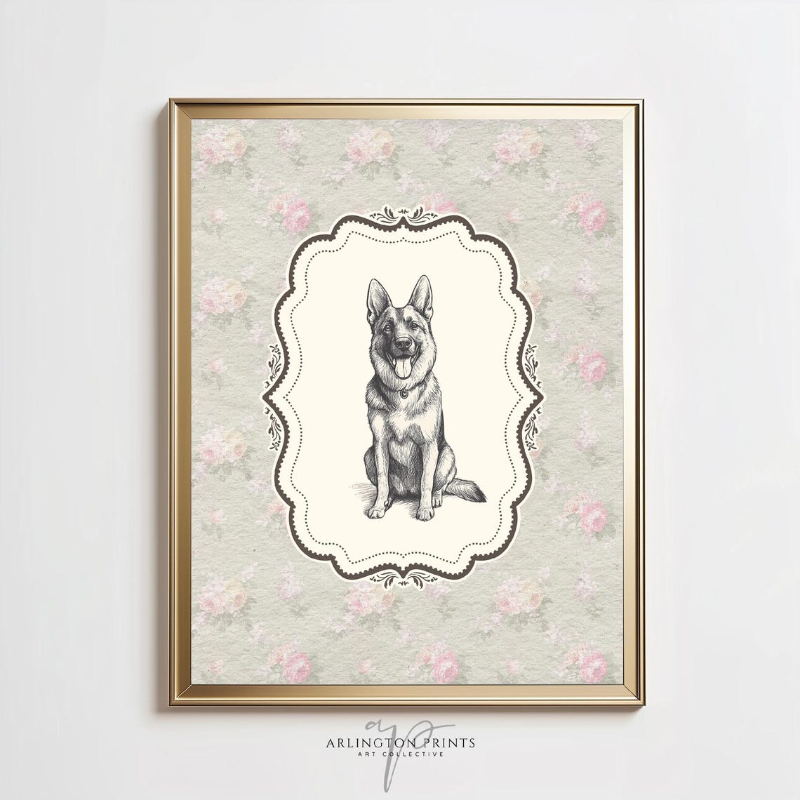 German Shepherd Sitting Sketch Floral Vintage Nursery Art Poster
