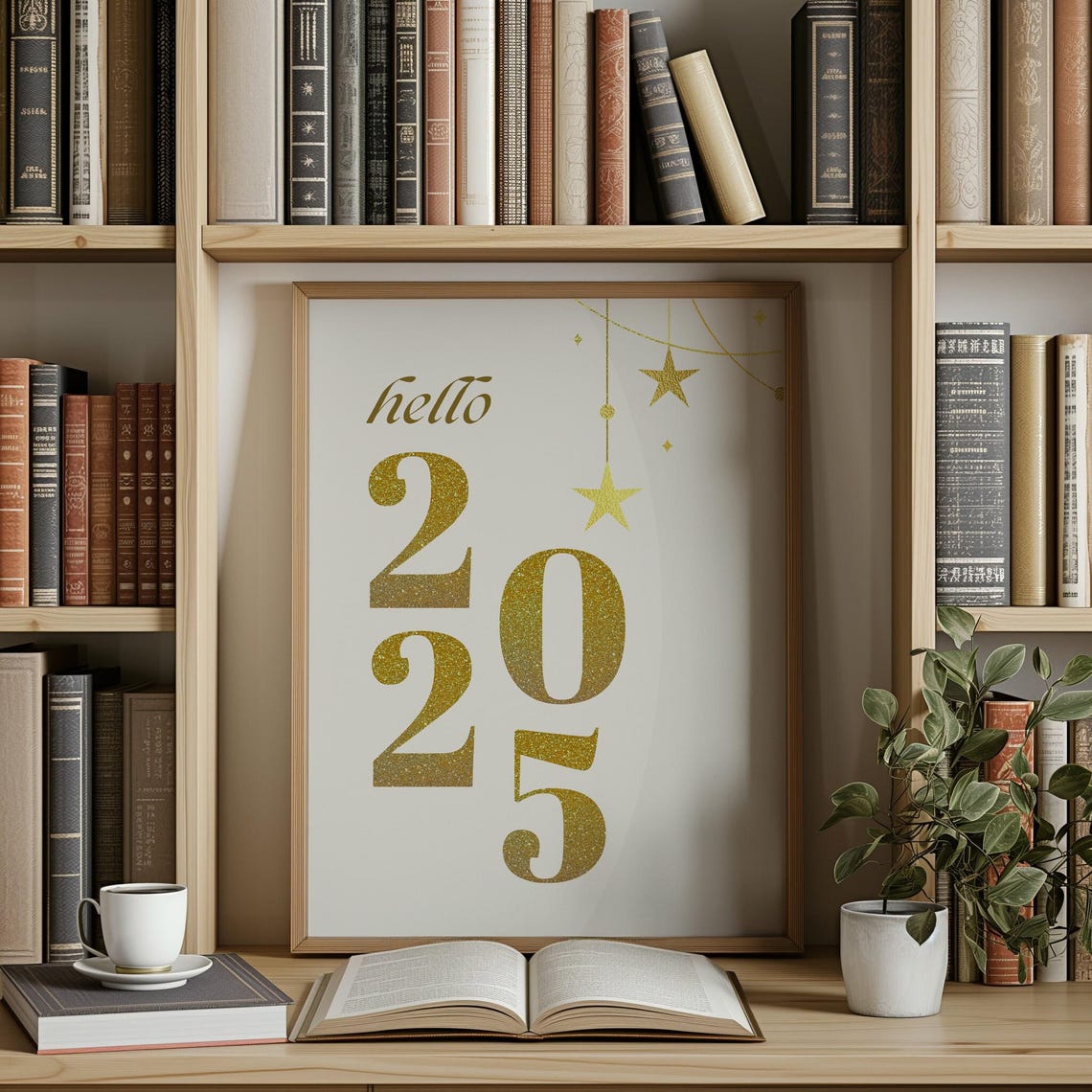 Hello 2025 Gold Glitter New Year Stars Celebration Typography Poster - Image 2