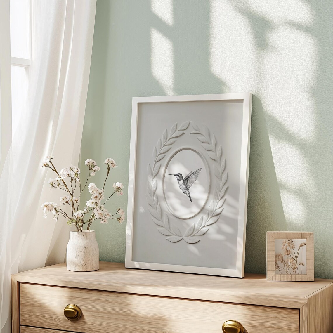 Embossed Hummingbird in Laurel Oval Vintage Style Plaster Poster