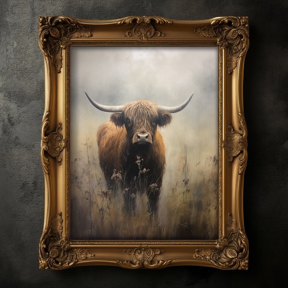 Vintage Highland Cow Print, Moody Cabin Decor