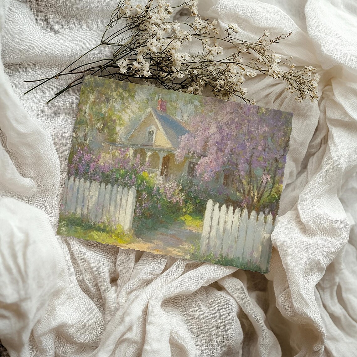Spring Cottage With White Picket Fence Blooming Trees Pastel Art Poster - Image 3