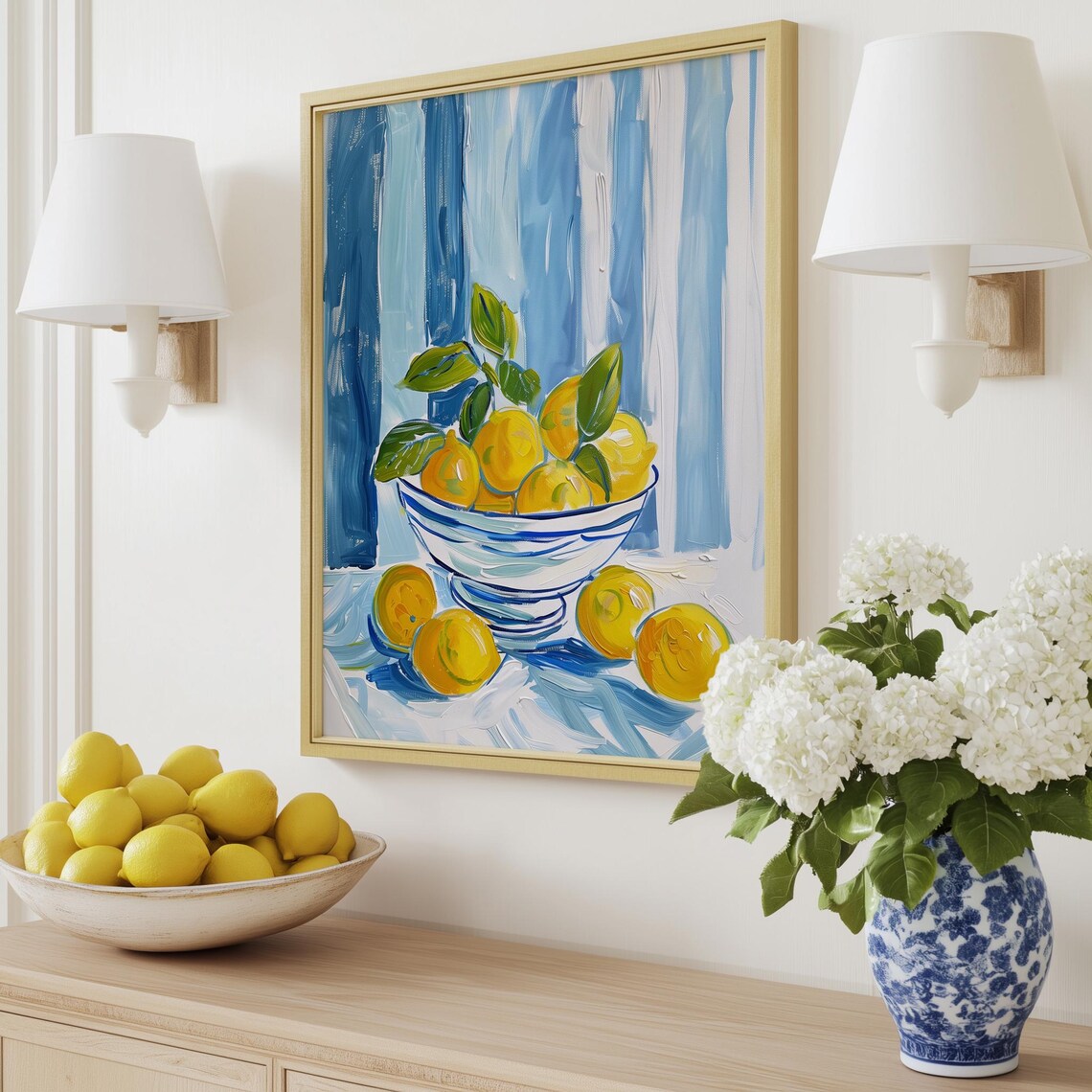 Blue Stripe Lemons Kitchen Art Print, Modern Citrus Decor - Image 2