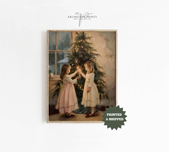 Two Girls Decorating Christmas Tree Candlelight Vintage Poster