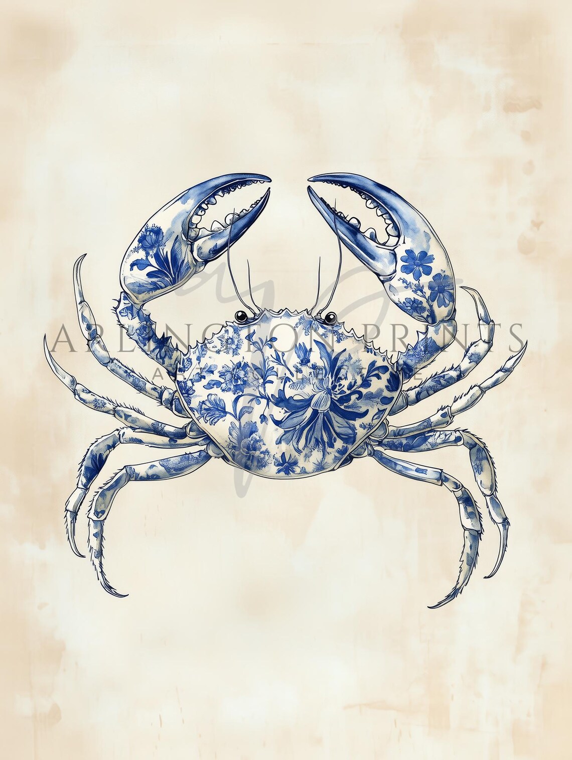 Blue Chinoiserie Crab Floral Nursery Art Print - Image 2