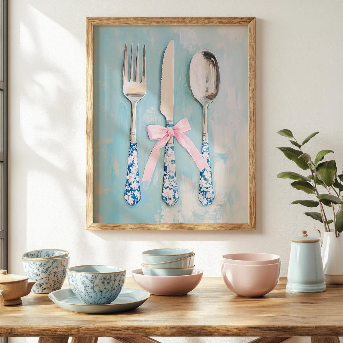 Vintage Cutlery Blue Floral Handles Pink Bow Kitchen Art Print - Image 4