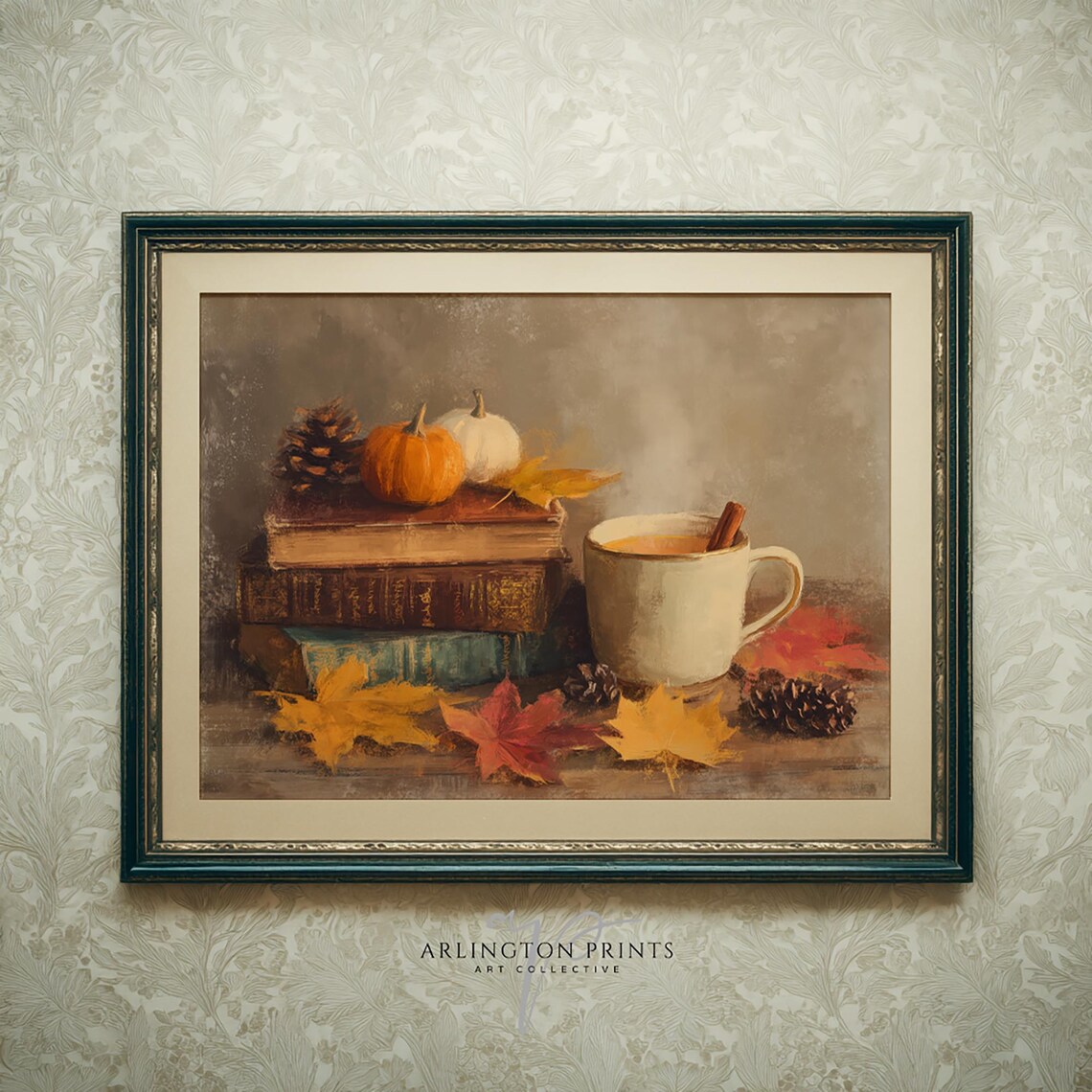 Autumn Still Life Pumpkins Books Hot Drink Fall Painting Art Print
