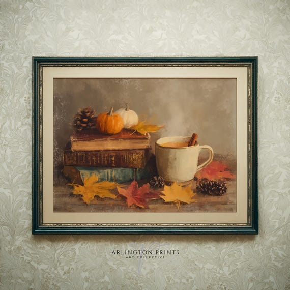Autumn Vintage Print Cozy Fall Still Life With Pumpkins Coffee Books And Leaves Rustic Farmhouse Wall Art For Seasonal Decor 7411