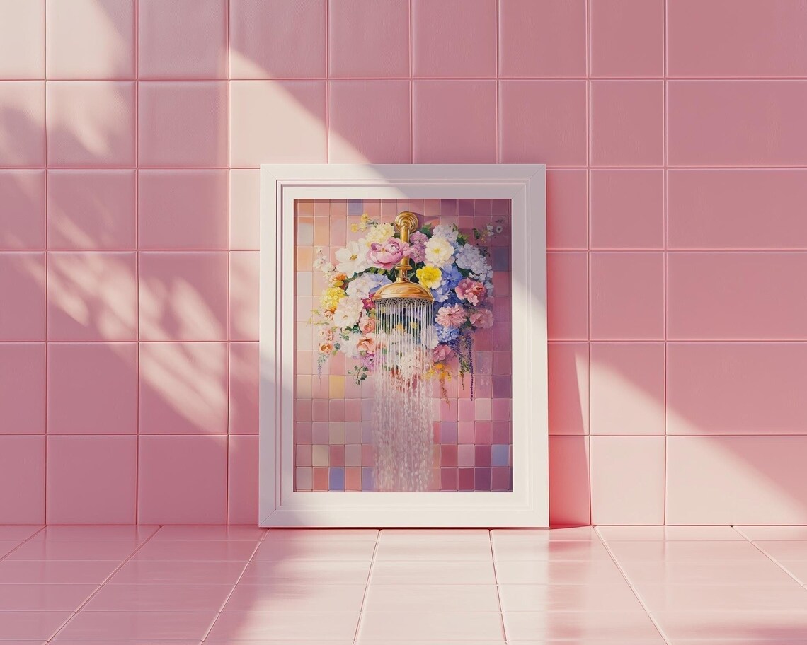 Gold Shower Head With Flowers Pink Bathroom Floral Art Poster