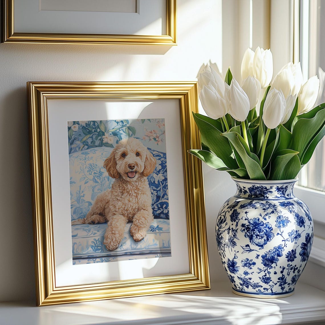Golden Doodle Puppy On Blue Chinoiserie Floral Couch Dog Poster - Image 5