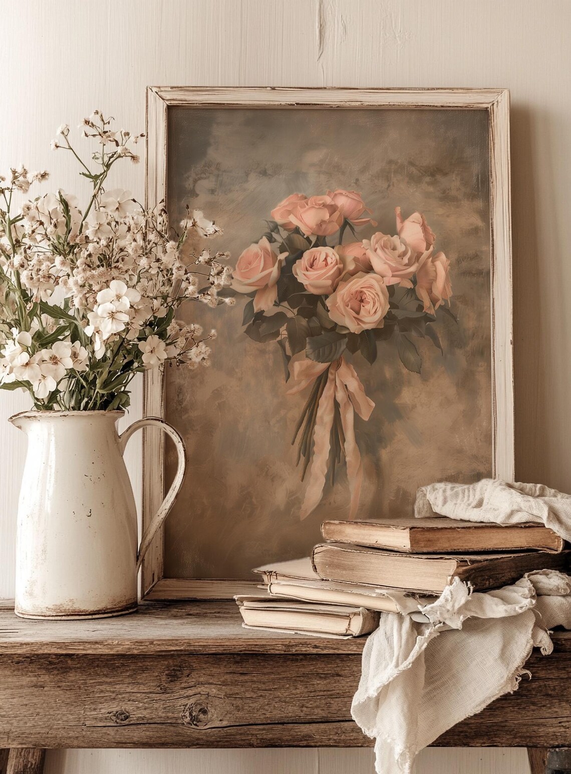 Peach Roses Bouquet Tied with Ribbon Moody Painterly Floral Print - Image 4