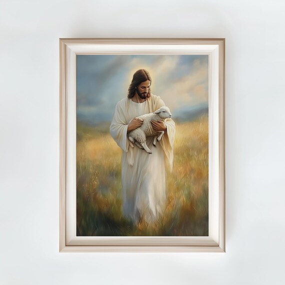 Jesus Christ Holding Lamb Golden Wheat Field Faith Art Print