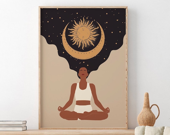 Serene Meditating Woman Under Sun and Crescent Moon Boho Yoga Art Print