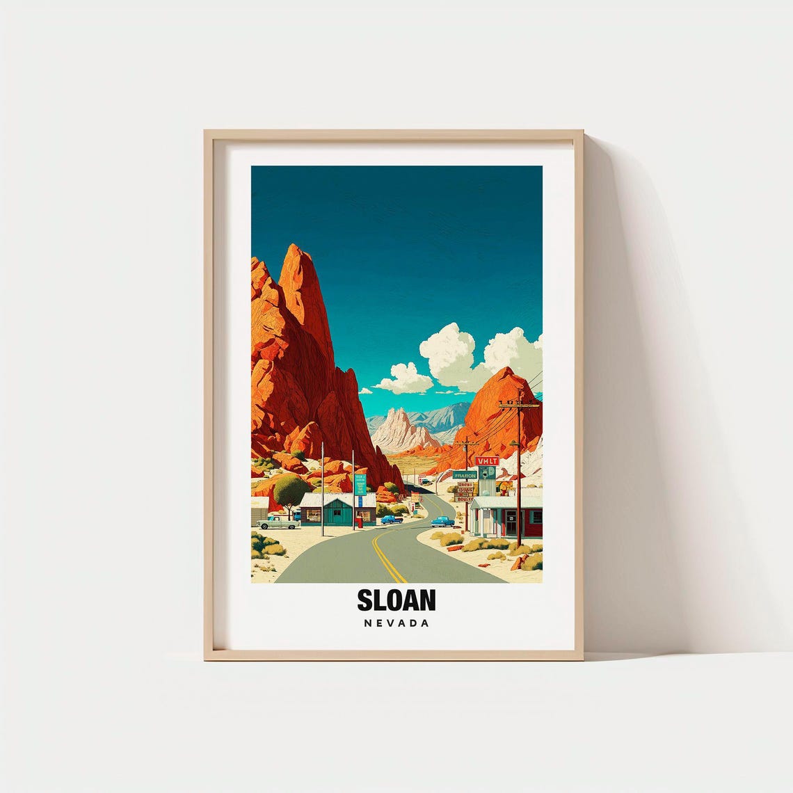 Sloan Nevada Desert Highway Red Rock Cliffs Roadside Shops Poster