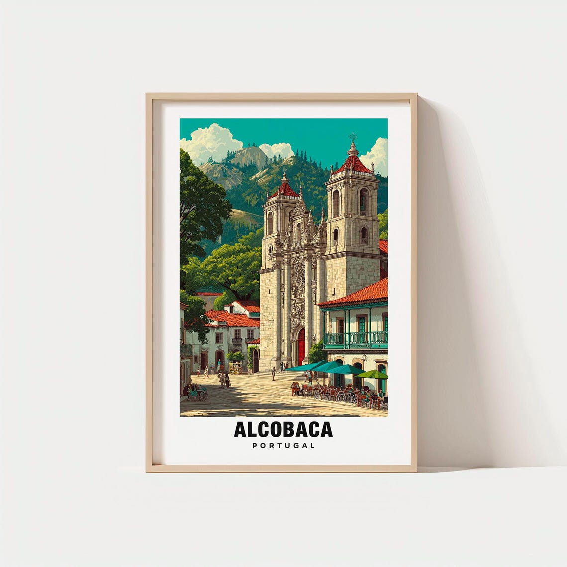 Alcobaca Portugal Historic Monastery Travel Poster with Mountain Views