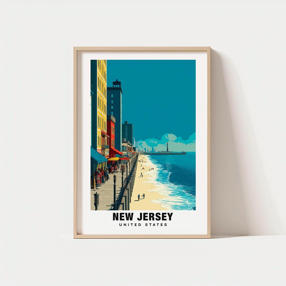 New Jersey Boardwalk Beach Scene Coastal Vintage Travel Poster