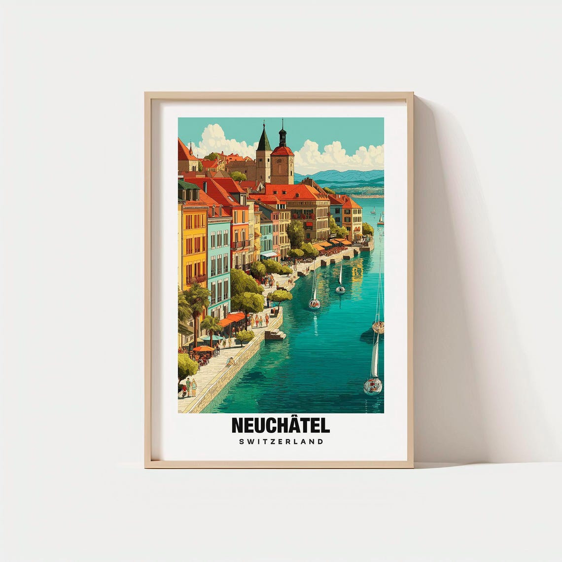 Neuchatel Switzerland Lakefront Old Town Sailboats Travel Poster
