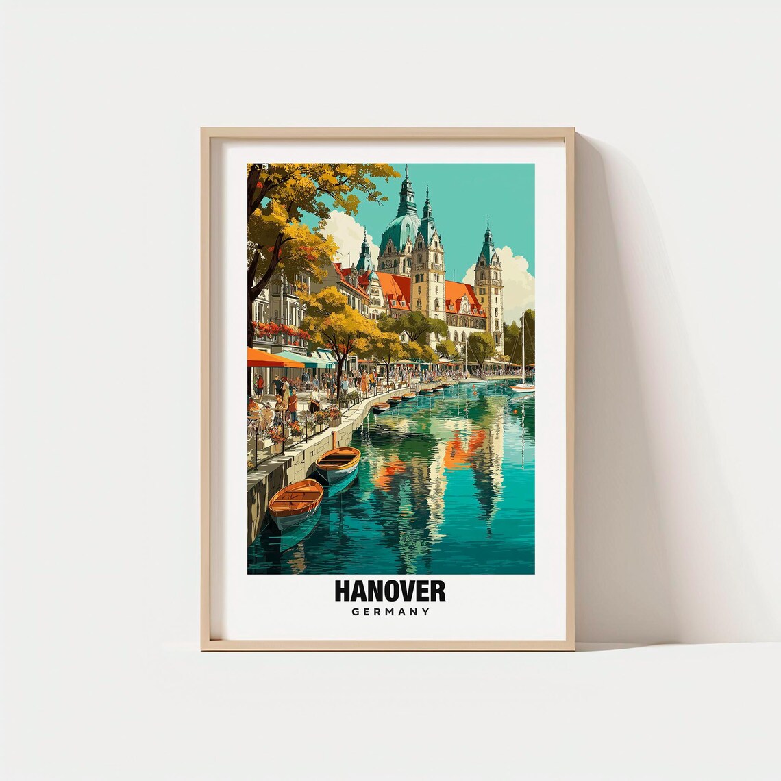 Hanover Germany City Hall Lakeside Promenade Vintage Travel Poster