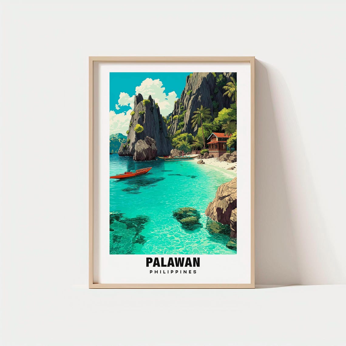 Palawan Philippines Lagoon Karst Cliffs Boat Vintage Travel Poster