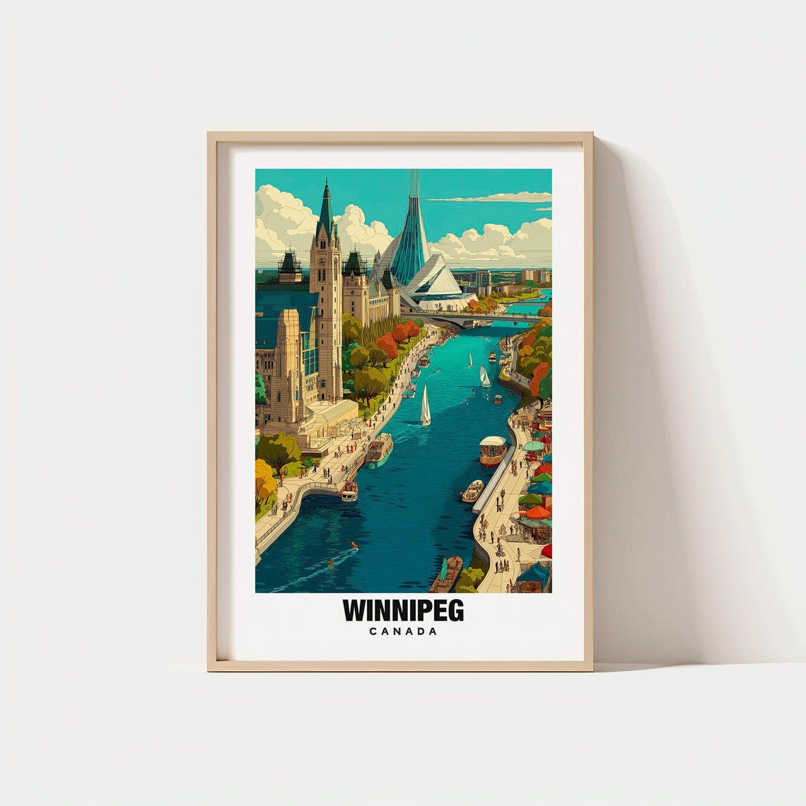 Winnipeg Canada Riverfront Sailboats Old Market Vintage Travel Poster