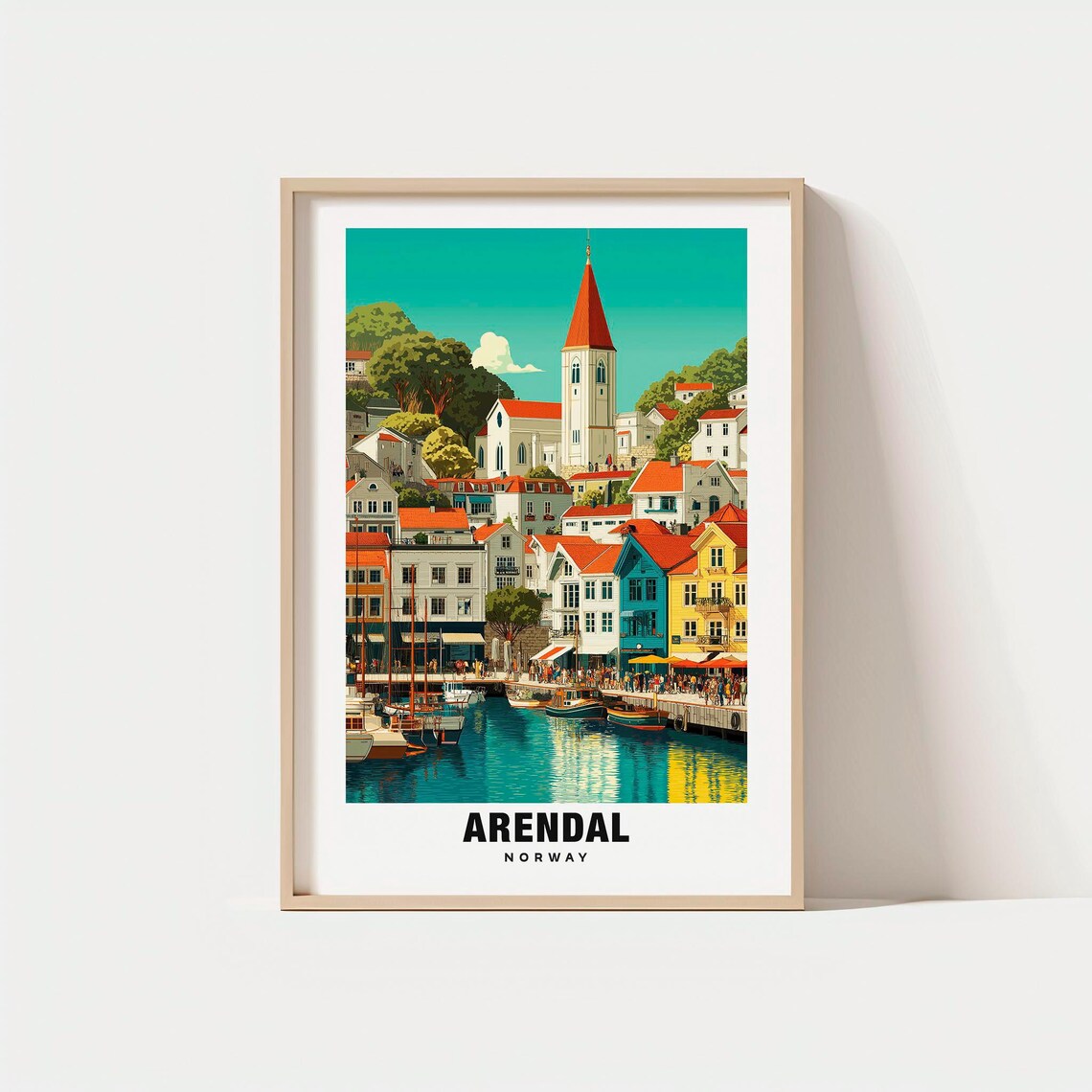 Arendal Norway Harbor Colorful Houses Church Boats Seaside Poster