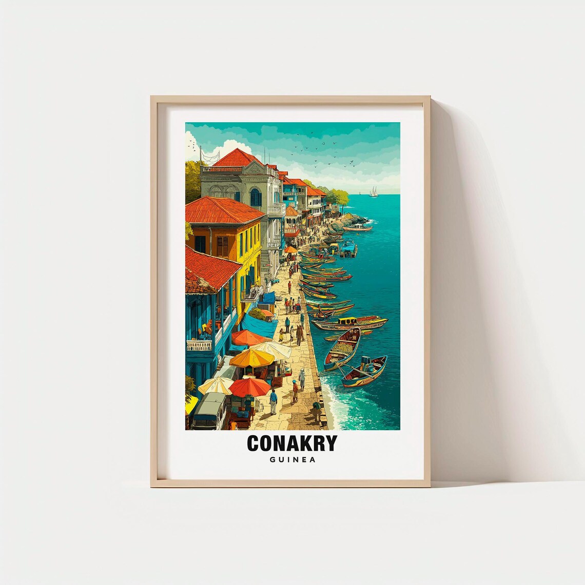 Conakry Guinea Waterfront Fishing Boats Colonial Houses Travel Poster