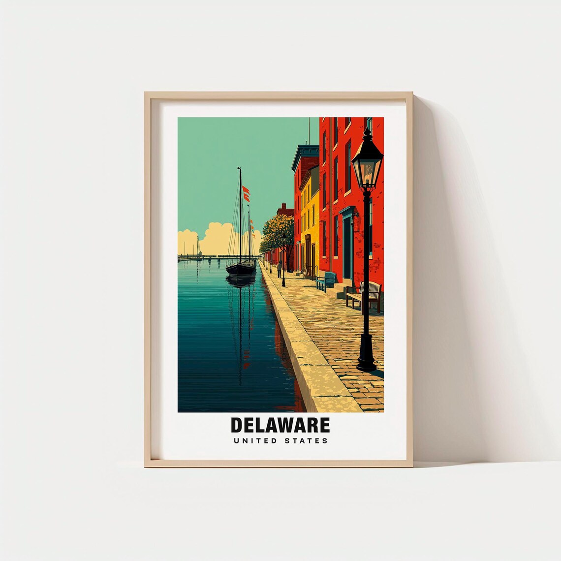 Delaware Harbor Sailboats Brick Rowhouses Canal Walk Travel Poster